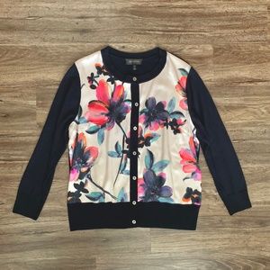 ST JOHN Navy and Floral Silk and Knit Cardigan Sweater Sz L